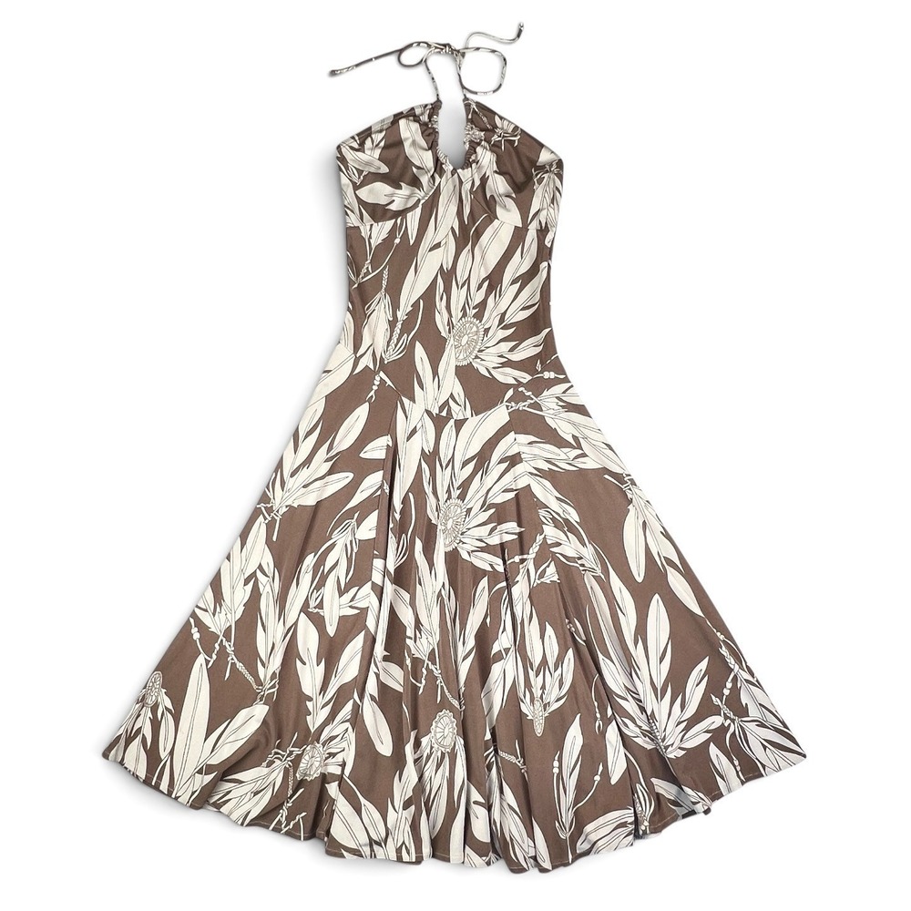 Mara Hoffman Sz Small Jersey Flared Halter Midi Dress Brown Cream Feathers